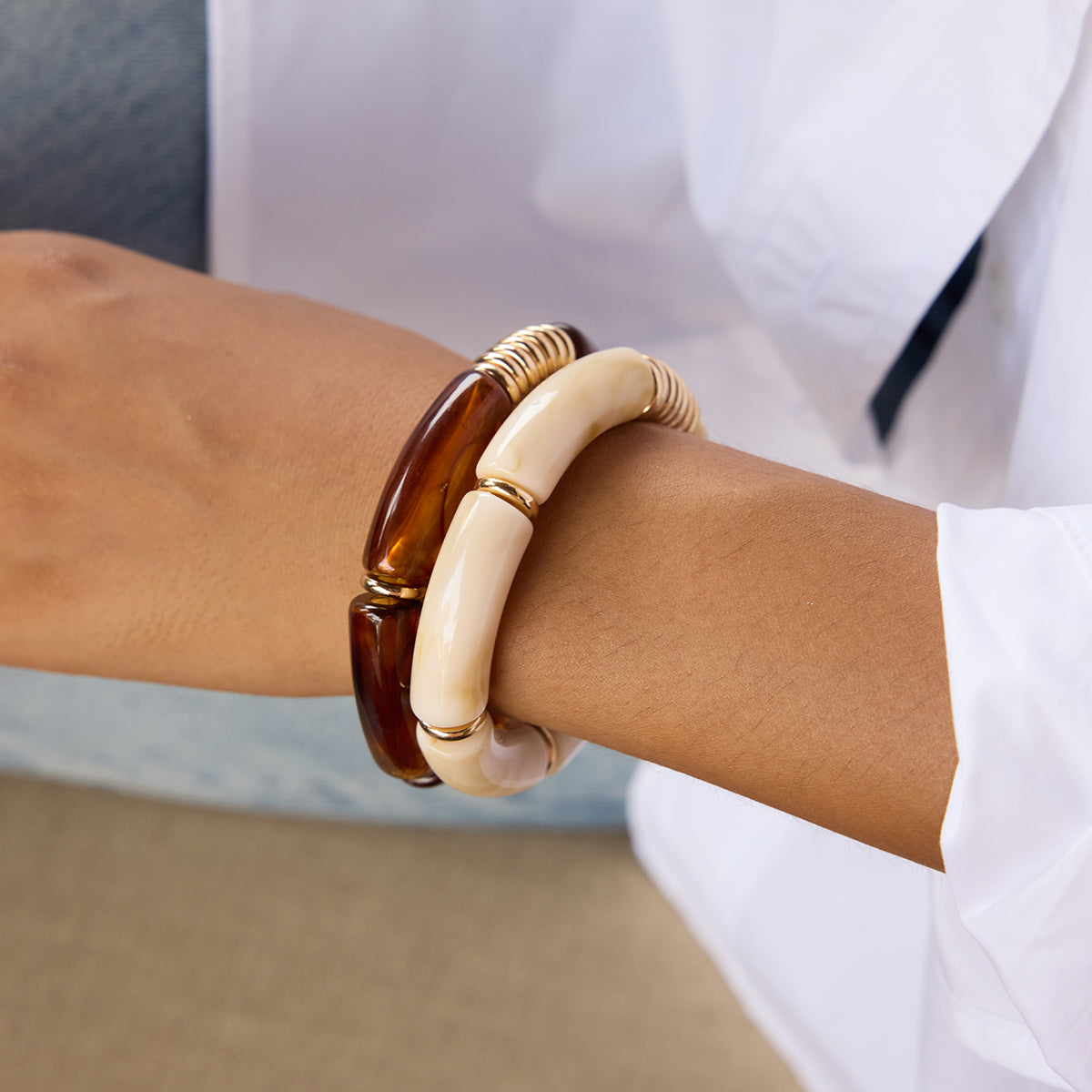 Bracelet Set Chunky Bamboo in Brown Gold